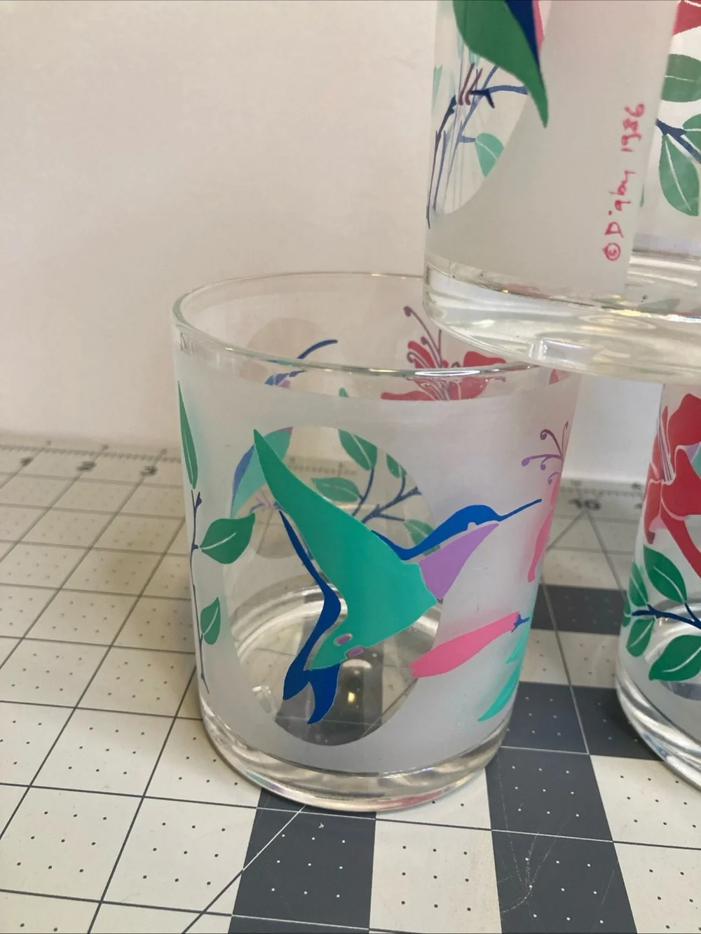 6-Vintage H. J. STOTTER Hummingbirds Floral Acrylic Tumblers Glasses USA MCM